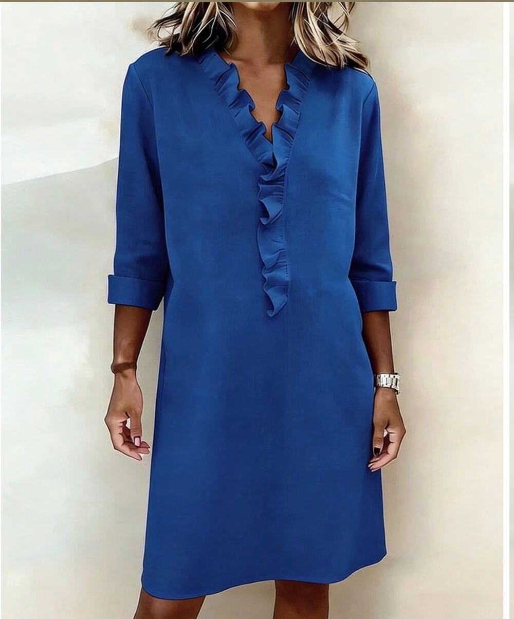 NWT L Aumora Royal Blue Linen Blend Ruffle Neck Long Sleeve Tunic Dress